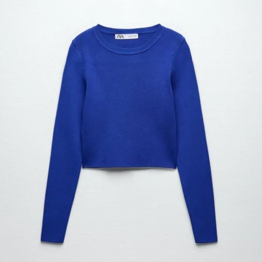 Zara Cobalt Royal Blue Ribbed Knit Crop Sweater Top Blouse